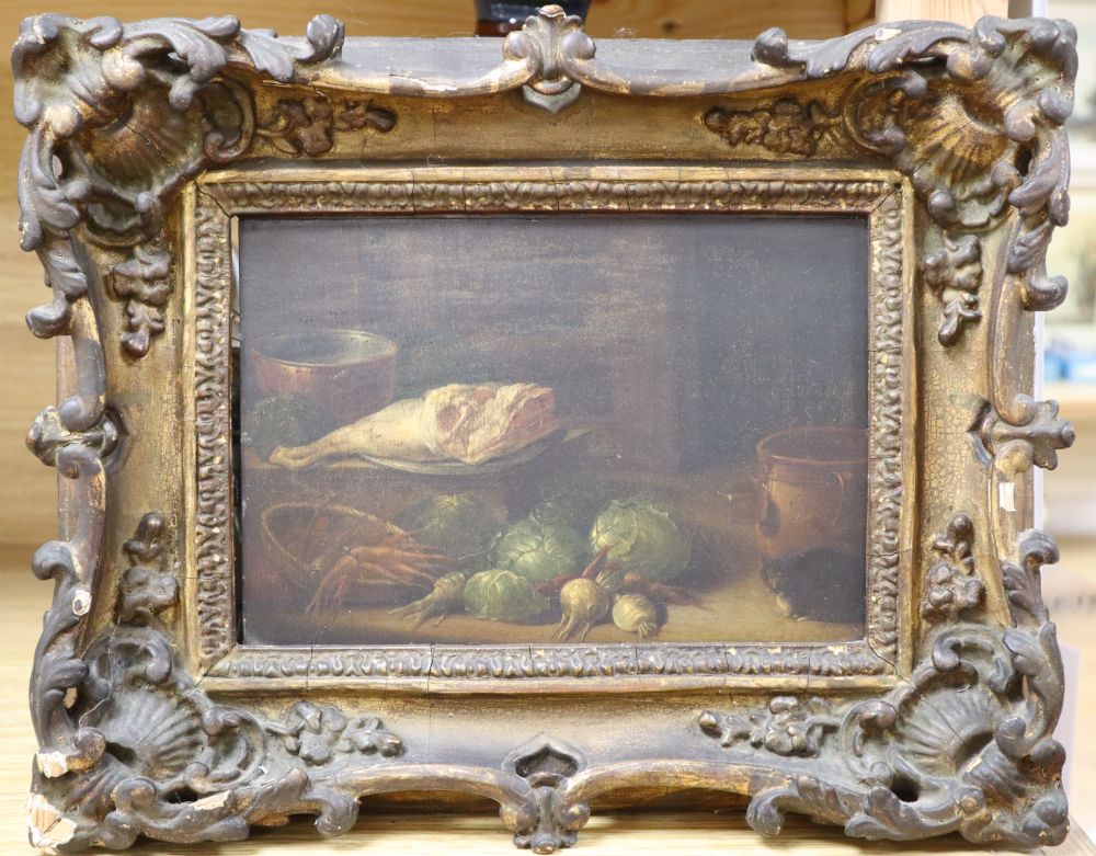 18th century Dutch school, oil on wooden panel, Still life in a larder with cat and leg of mutton, 15 x 22cm
